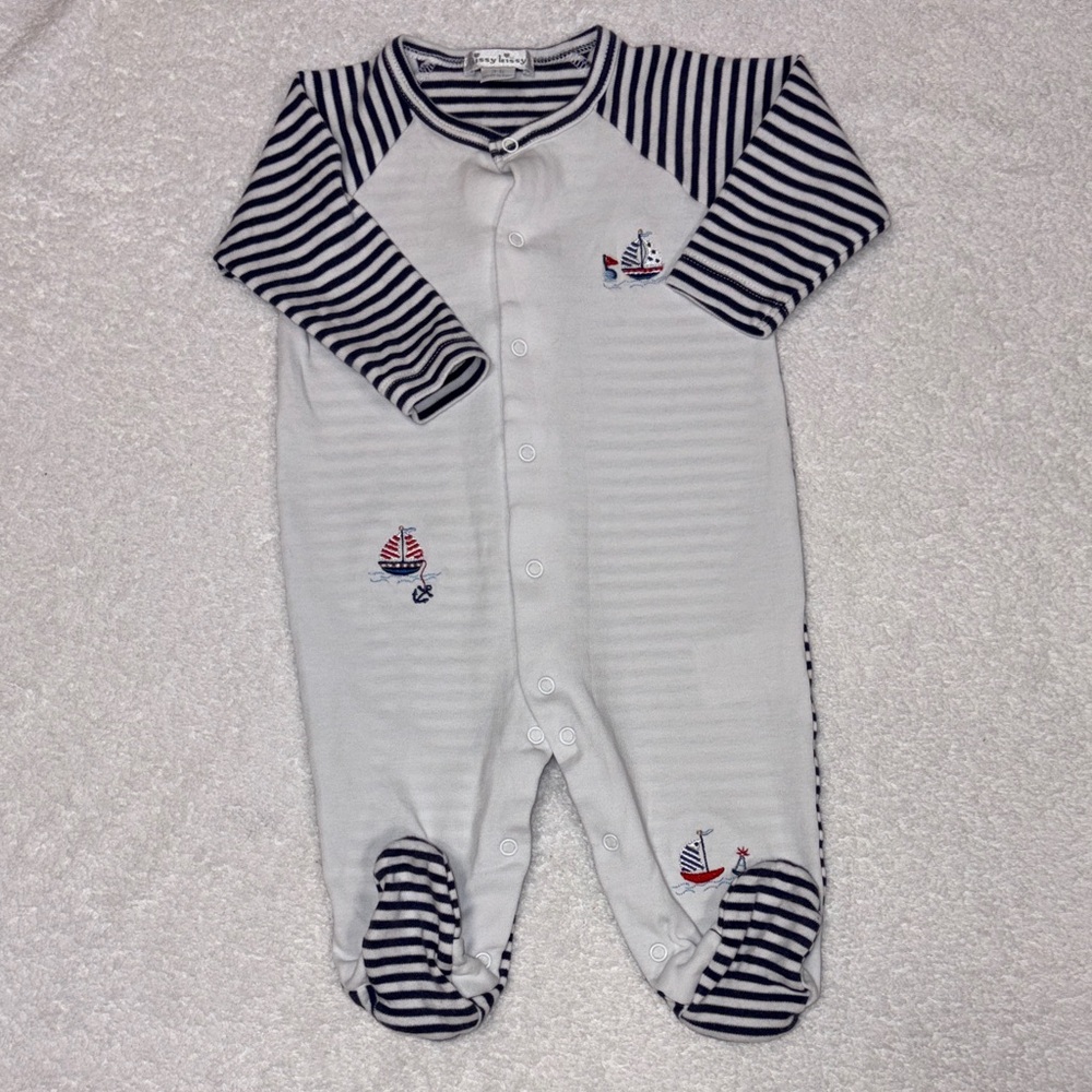 Kissy Kissy Navy and White Striped Sailboat Footie 3/6m
